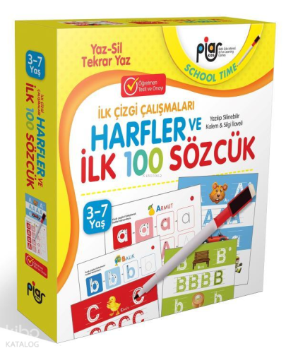 Harfler ve İlk 100 Sözcük / İlk Çizgi Çalışmaları / Yaz-Sil-Tekrar Yaz / 3-7 Yaş